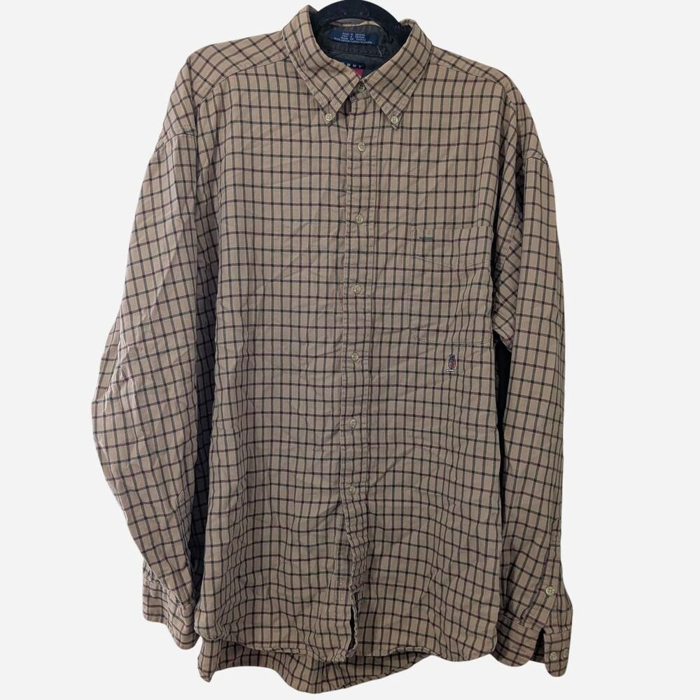 Vintage Tommy Hilfiger Preppy Old Money Tan Tattersall Cotton Button Up Shirt